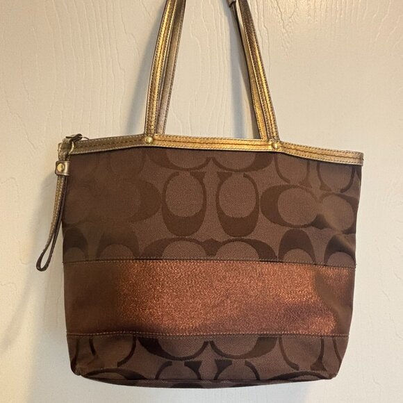 Coach Metallic Signature Patchwork Tote Bag — Bronze / Gold Trim — Style F13548 - Picture 6 of 15